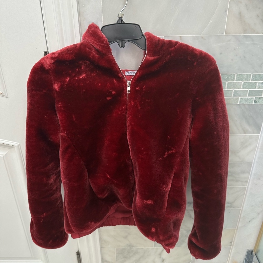 Red fur hooded puffer